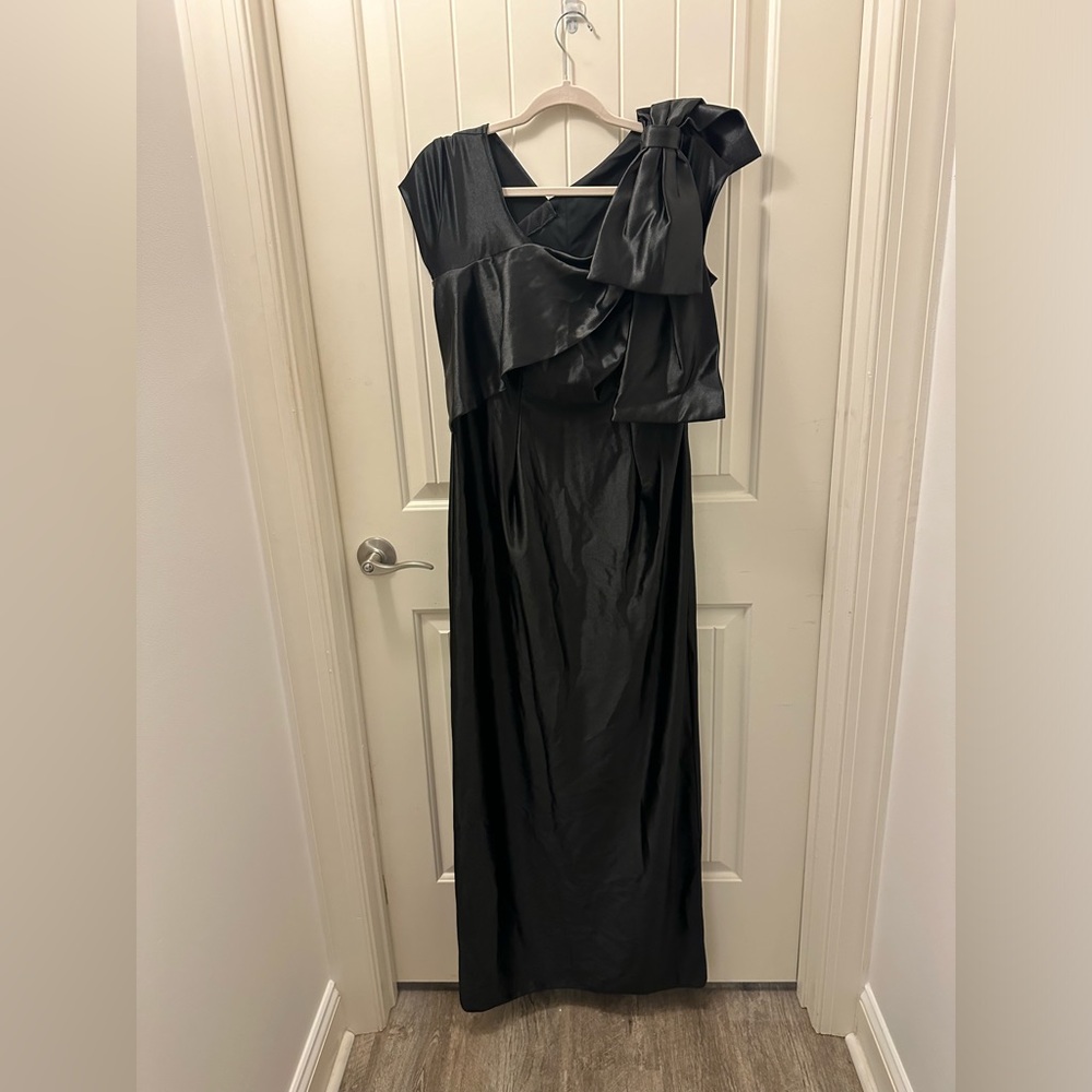 Black formal dress with shoulder bow